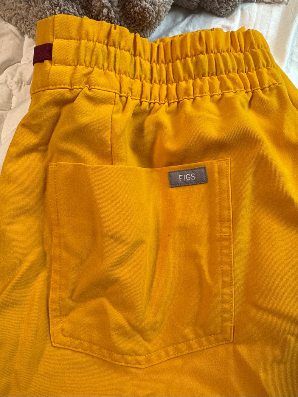 Women’s Figs Mustard Yellow Cargo Joggers with Maroon Drawstring - Picture 8 of 8
